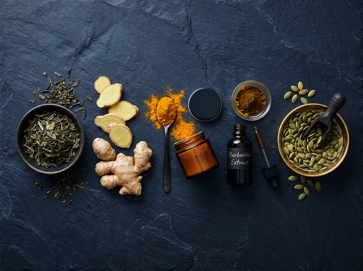 Botanische ingrediënten plat bovenaanzicht groene thee gember kurkuma pompoenpitten