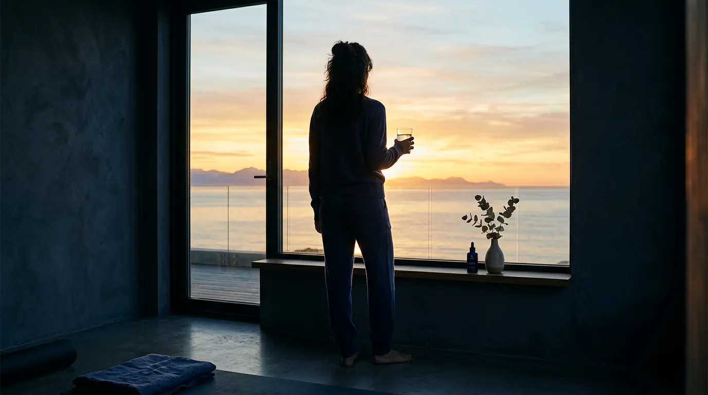 Anonieme persoon bij raam ochtend wellness routine glas water